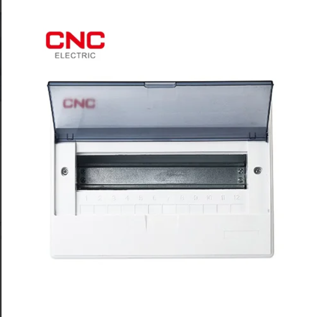 CNC YCX6 distribution box front with cover open showing DIN rail