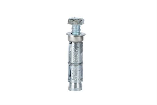 Single Rawl bolt with hex nut and washer on a white background