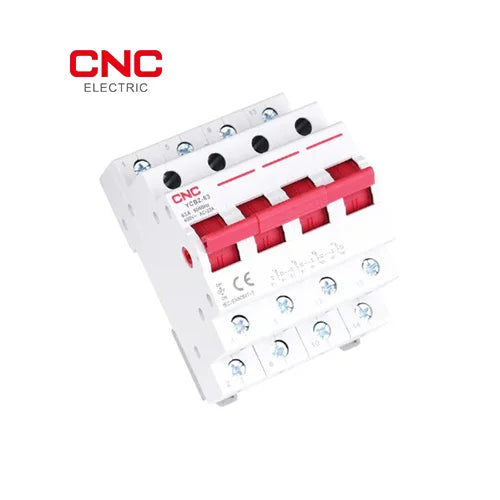 CNC YCBZ-63 4 pole isolator switch front view at an angle showing the four red ON/OFF handles and terminal screws