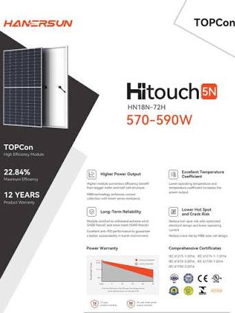 Hanersun Hitouch 5N HN18N-72H 570-590W spec sheet showing TOPCon N-type technology, 22.84% maximum efficiency and 12-year product warranty