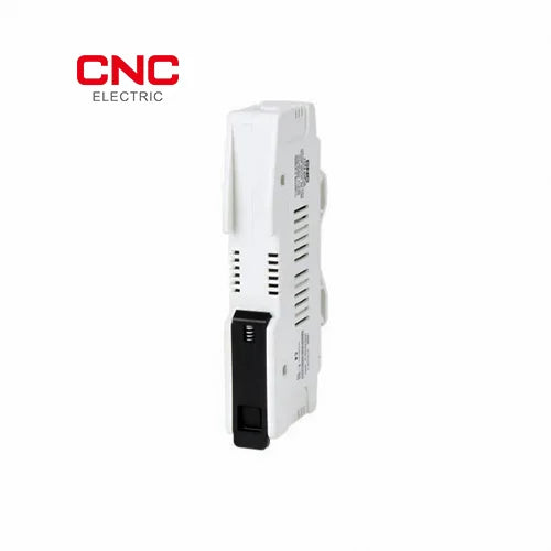 CNC DC 1500V fuse holder angled view showing the label and mounting screws