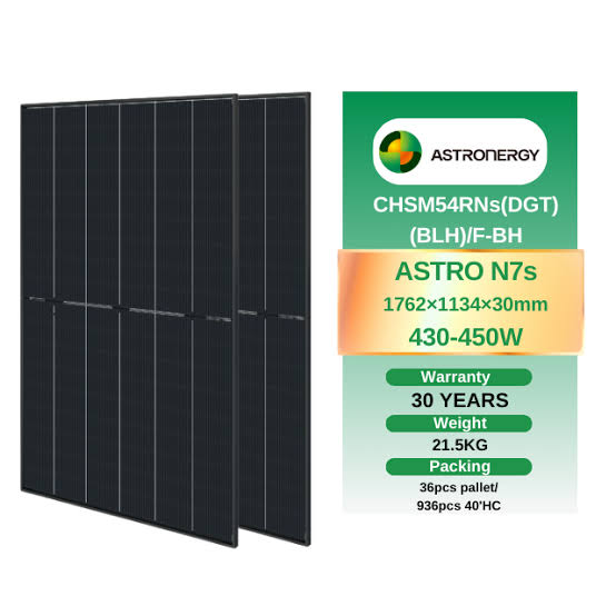 Astronergy ASTRO N7s CHSM54RNs(DGT)(BLH)/F-BH graphic showing 430~450W, 1762×1134×30mm, 21.5kg, 30-year warranty, with two all-black panels
