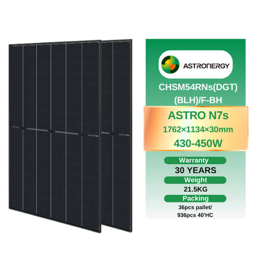 Astronergy ASTRO N7s CHSM54RNs(DGT)(BLH)/F-BH graphic showing 430~450W, 1762×1134×30mm, 21.5kg, 30-year warranty, with two all-black panels