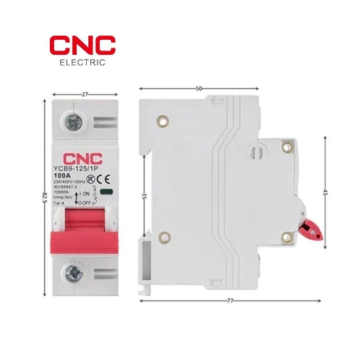 CNC YCB9-125 1P 100A MCB dimensions 27mm x 82.5mm x 77mm