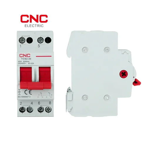 CNC YCBZ-40 2 pole isolator switch shown from the front and the back with the DIN rail clip