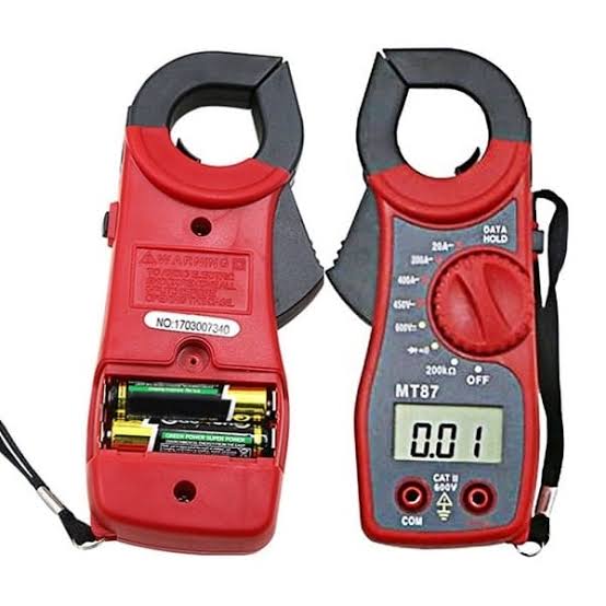 TITAN MT87 digital clamp meter shown from the back with the battery compartment open and from the front