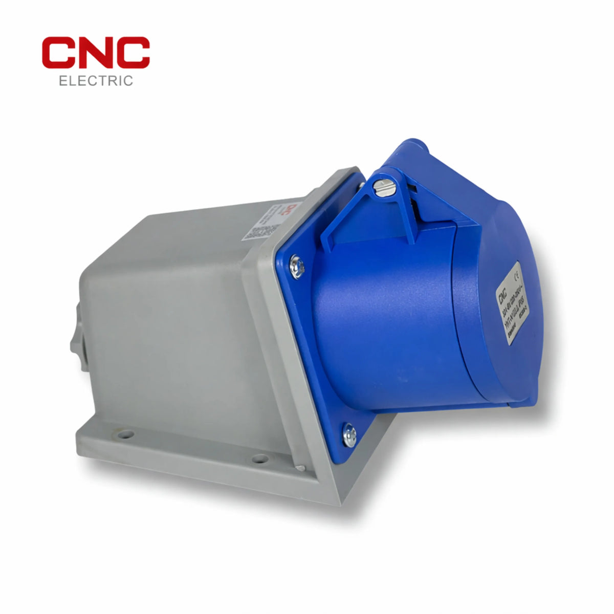 CNC industrial socket mounted on a grey surface box, side view with hinged cover
