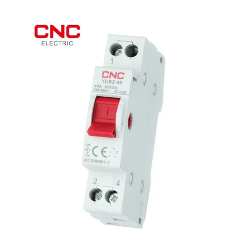 CNC YCBZ-40 isolator switch viewed from the other side, showing the label and red handle
