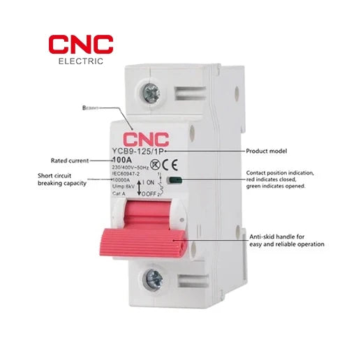 CNC YCB9-125 100A MCB features: rated current, breaking capacity, contact indicator