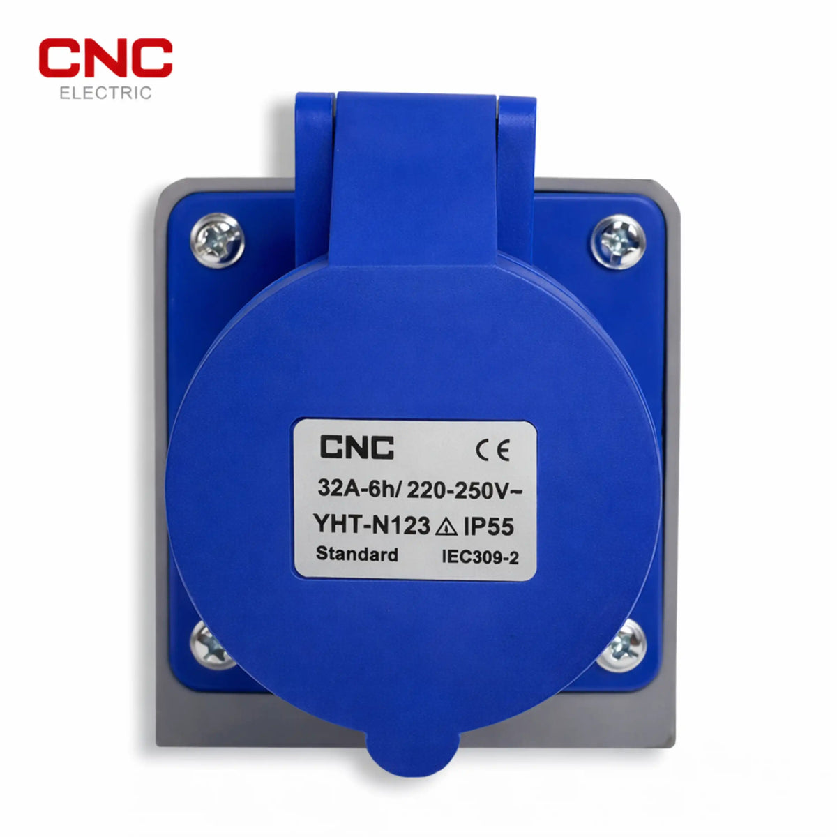 CNC industrial socket label reading 32A-6h 220-250V, YHT-N123, IP55, IEC 309-2 with CE mark