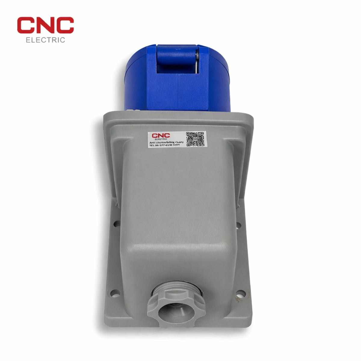 CNC industrial plug body with grey strain relief grip and blue shroud, anti-counterfeiting sticker visible