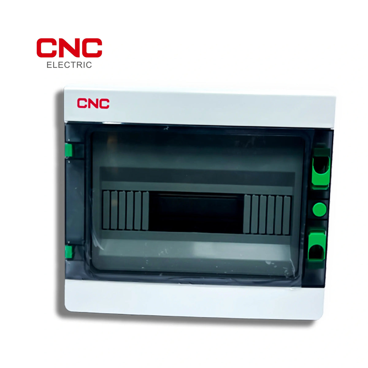 CNC HA 18-way waterproof distribution box, front view with smoked translucent cover