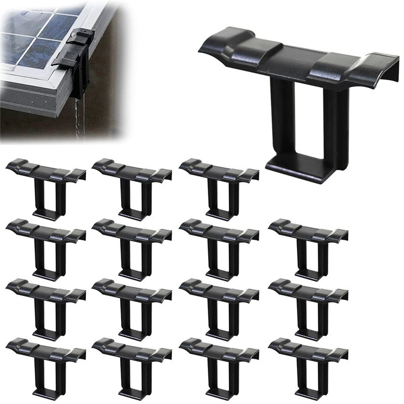 Set of black solar panel water drainer clips, with an inset photo of a clip fitted to a solar panel edge draining rainwater