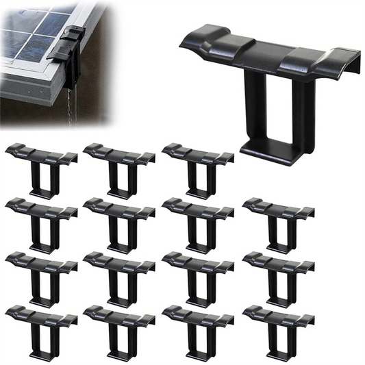 Set of black solar panel water drainer clips, with an inset photo of a clip fitted to a solar panel edge draining rainwater