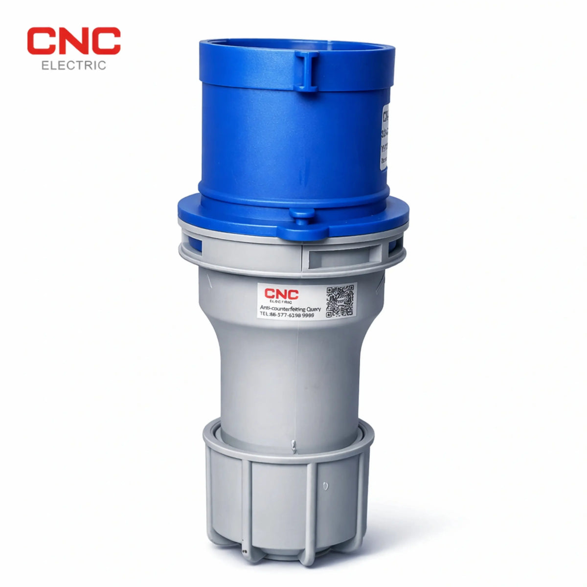 CNC industrial plug body in vertical view with grey grip and blue shroud