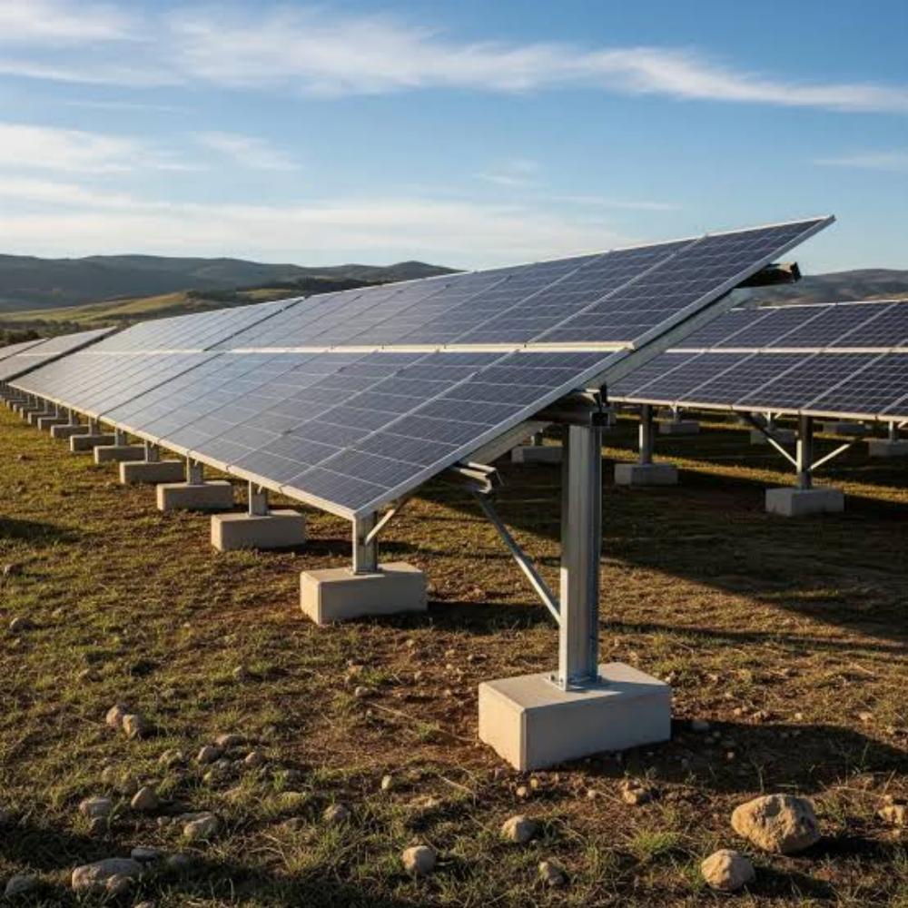 Underside view of an elevated rooftop solar panel installation