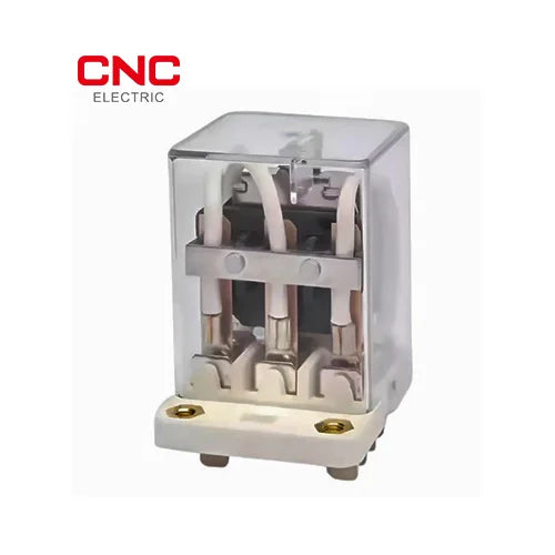 CNC miniature relay with 24V DC coil fitted on a socket base, transparent cover and screw terminals visible