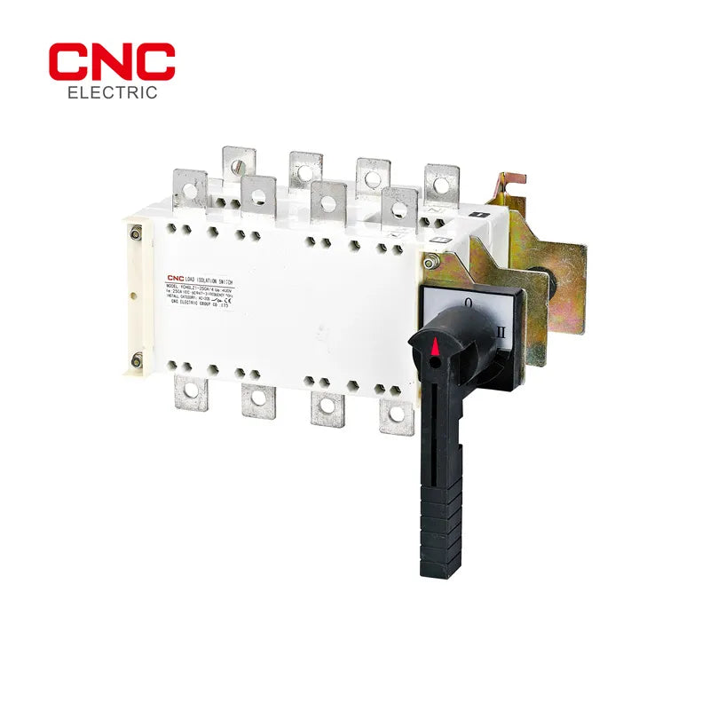 CNC YCHGL load isolation changeover switch showing the label, CE mark, and black rotary handle with 0, I, and II positions