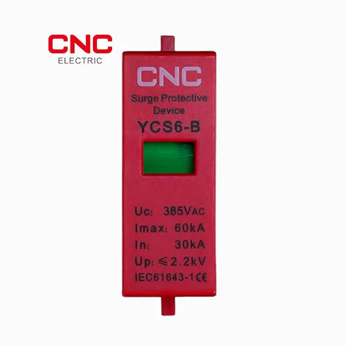 CNC YCS6-B red surge protective device cartridge labelled 385VAC, Imax 60kA, In 30kA, Up ≤2.2kV, with green status window
