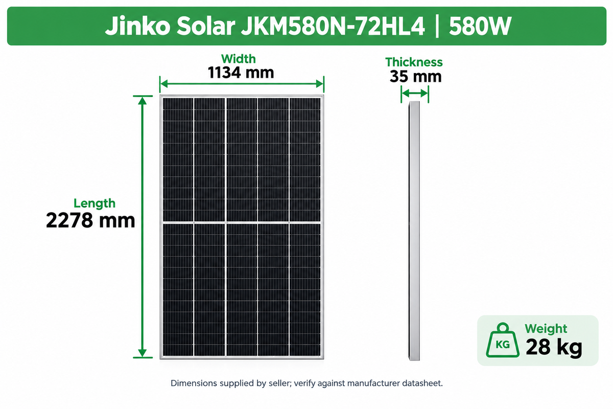 Jinko Solar 580W front aur side view with dimensions